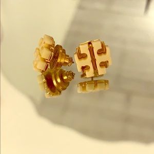 Tory Burch Gold and Ivory Logo Earrings